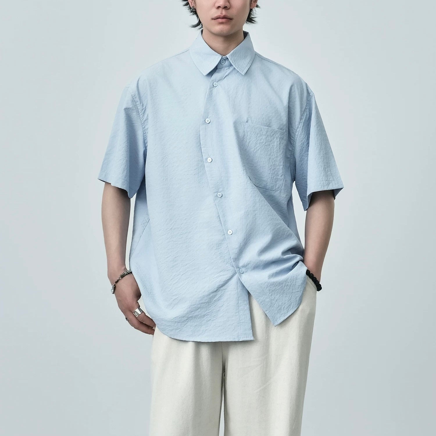 S0424 Japanese style slanted placket oversize short sleeved shirt
