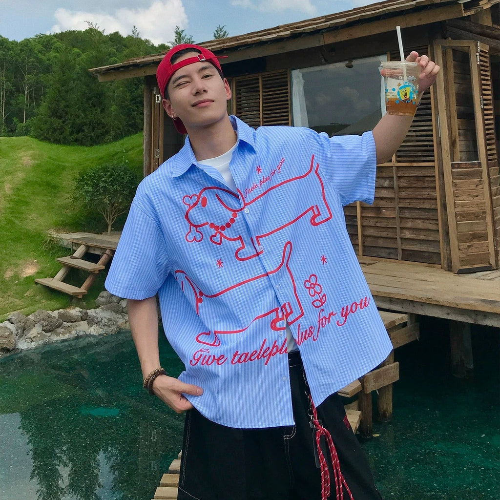 S0434 American Retro Fun Puppy Print Striped Short-Sleeve Shirt