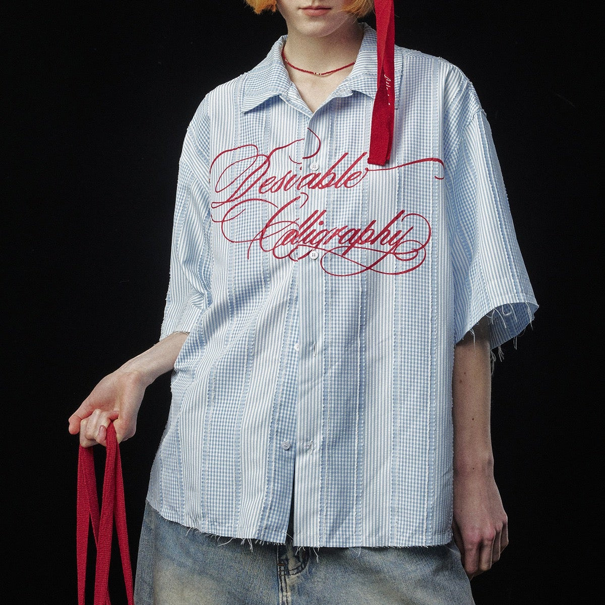 S0428 American-style vintage letter print striped short-sleeved shirt