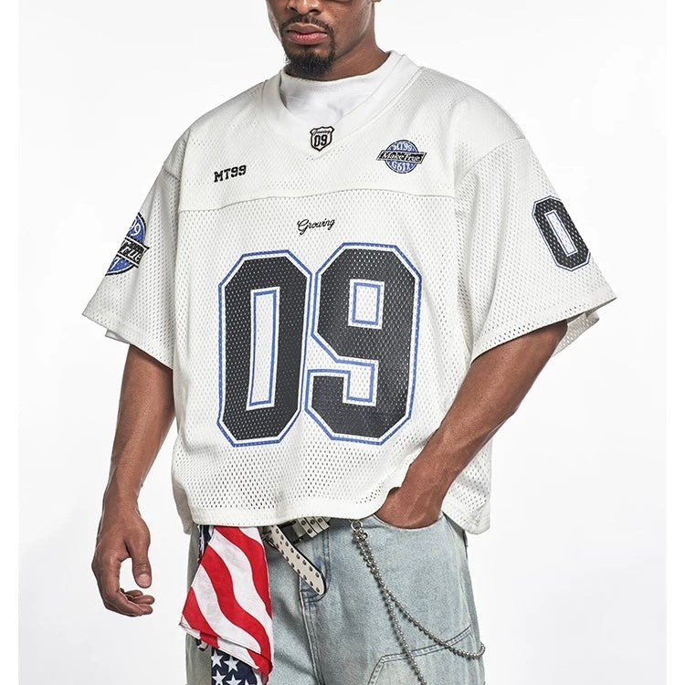 S0427 American street retro mesh V-neck short-sleeved T-shirt