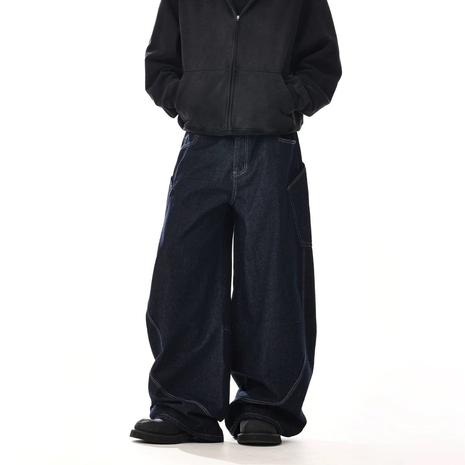 P0214 American retro street style wide-leg curved cutout design jeans