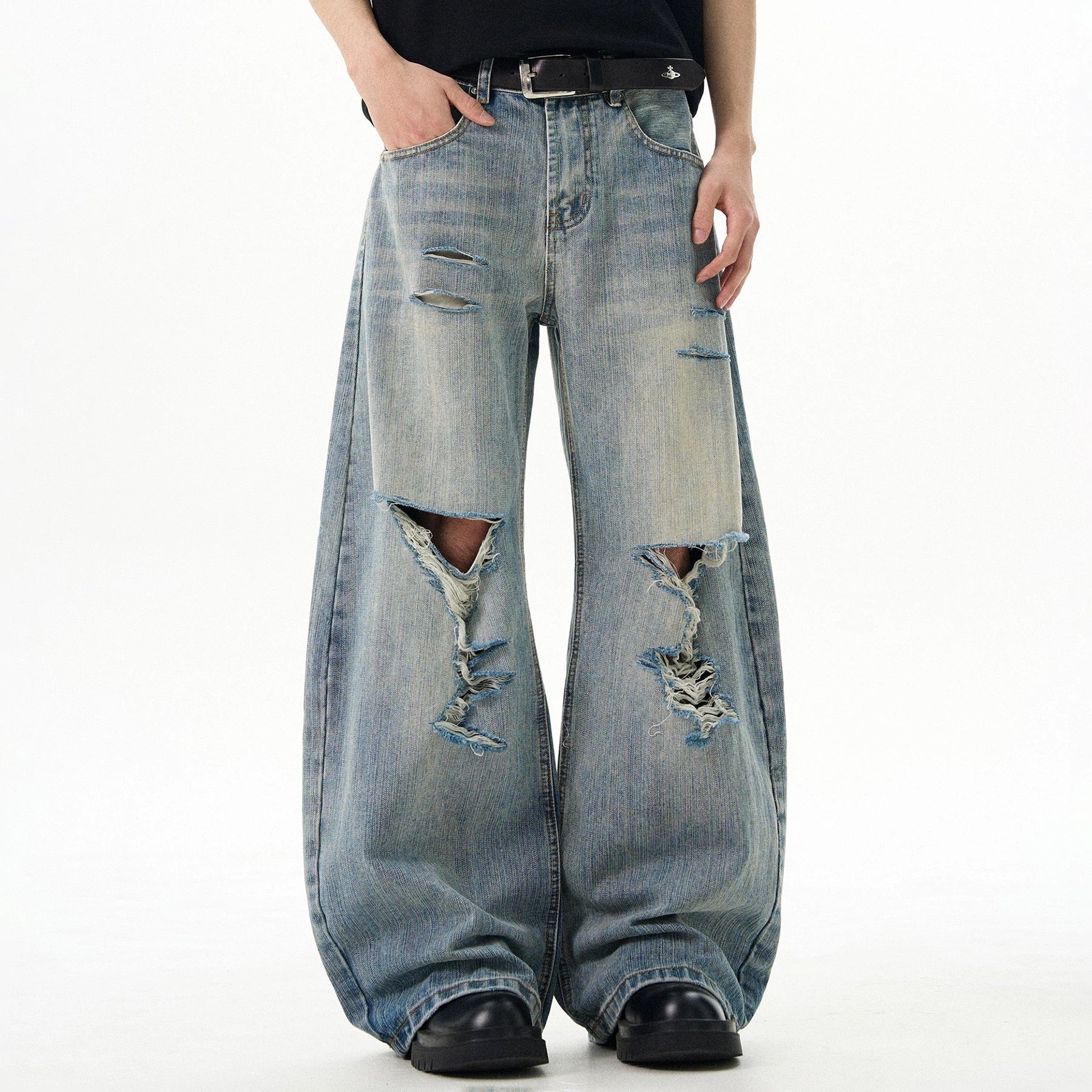 P0215 American vintage street style high-end washed blue distressed oversize men's curved blade jeans