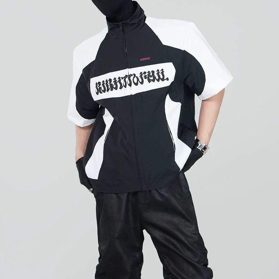 S0432 American-style trendy racing driver waterproof color-blocked nylon zip-up collar short-sleeved top