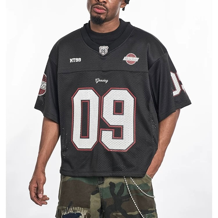 S0427 American street retro mesh V-neck short-sleeved T-shirt