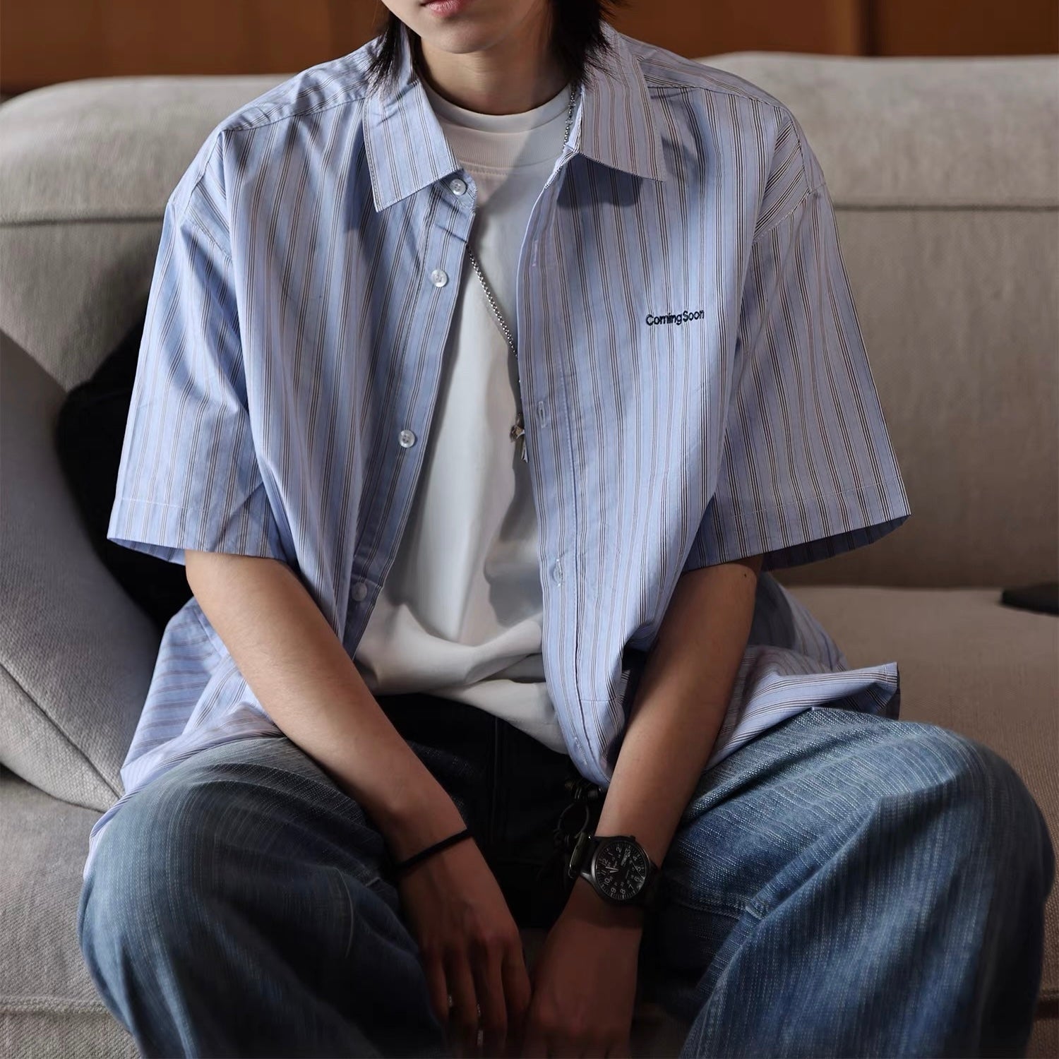 S0430 Japanese-style striped embroidered letter short-sleeved T-shirt