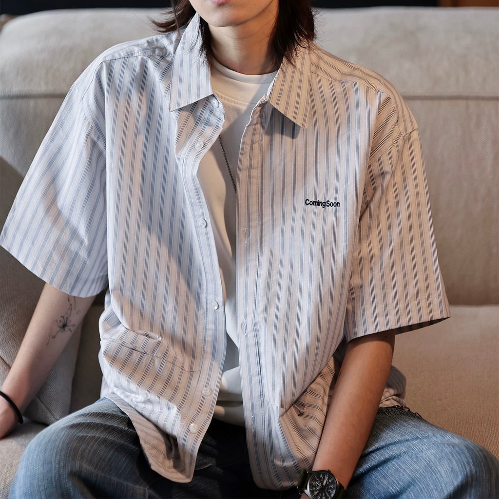 S0430 Japanese-style striped embroidered letter short-sleeved T-shirt