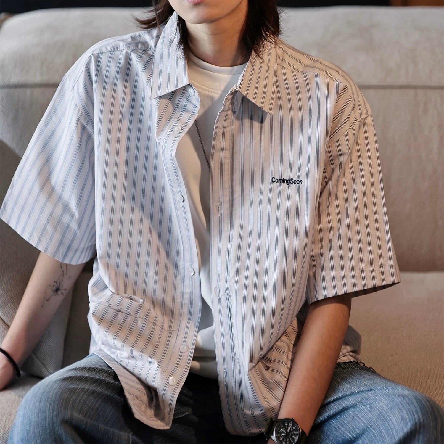 S0430 Japanese-style striped embroidered letter short-sleeved T-shirt