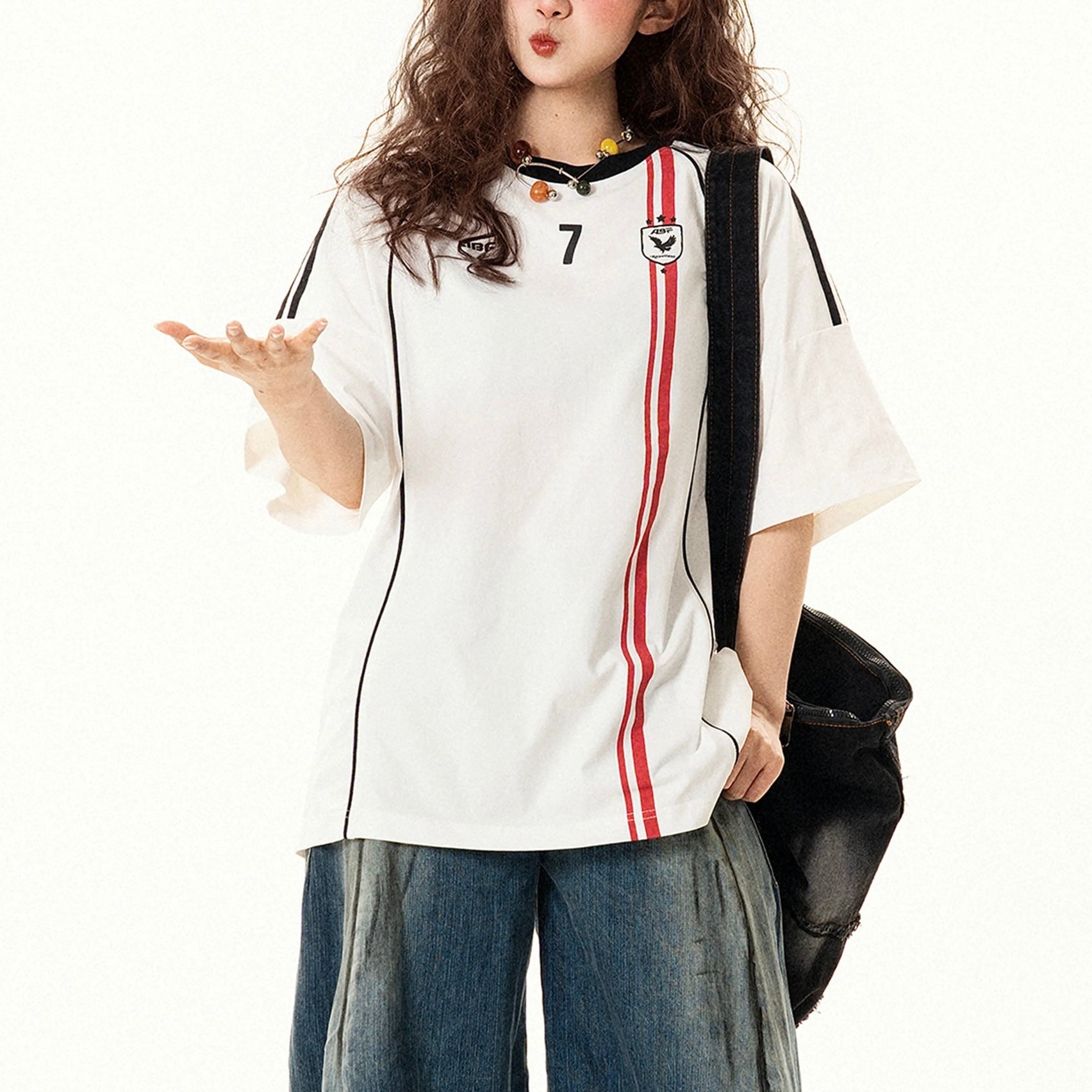 S0431 American retro letter print color-blocked short-sleeved T-shirt