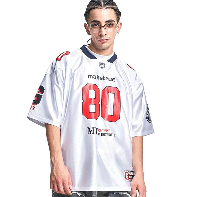 S0433 American-style loose-fitting quick-drying number 80 printed V-neck short-sleeved Jersey T-shirt