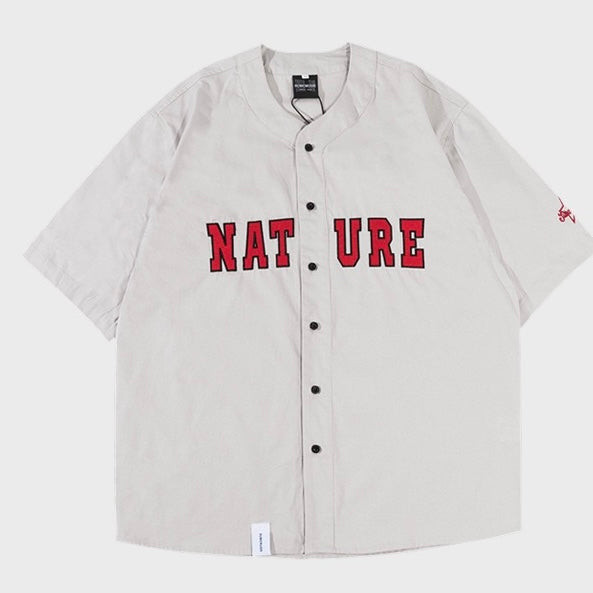 S0018 Oversize Casual Label Embroidery Loose Short Baseball Shirt