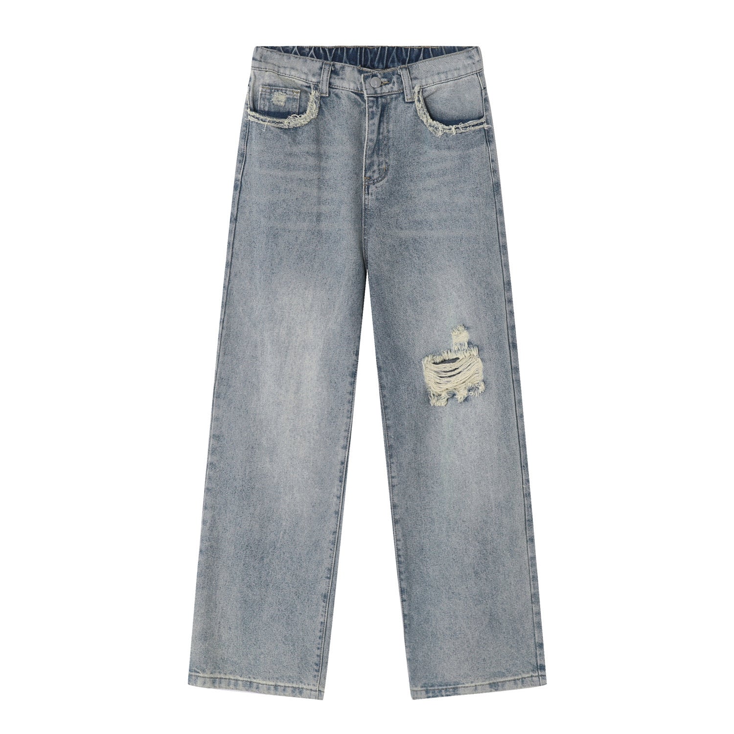 P0010 Straight American Trend Destroyed Denim Trousers
