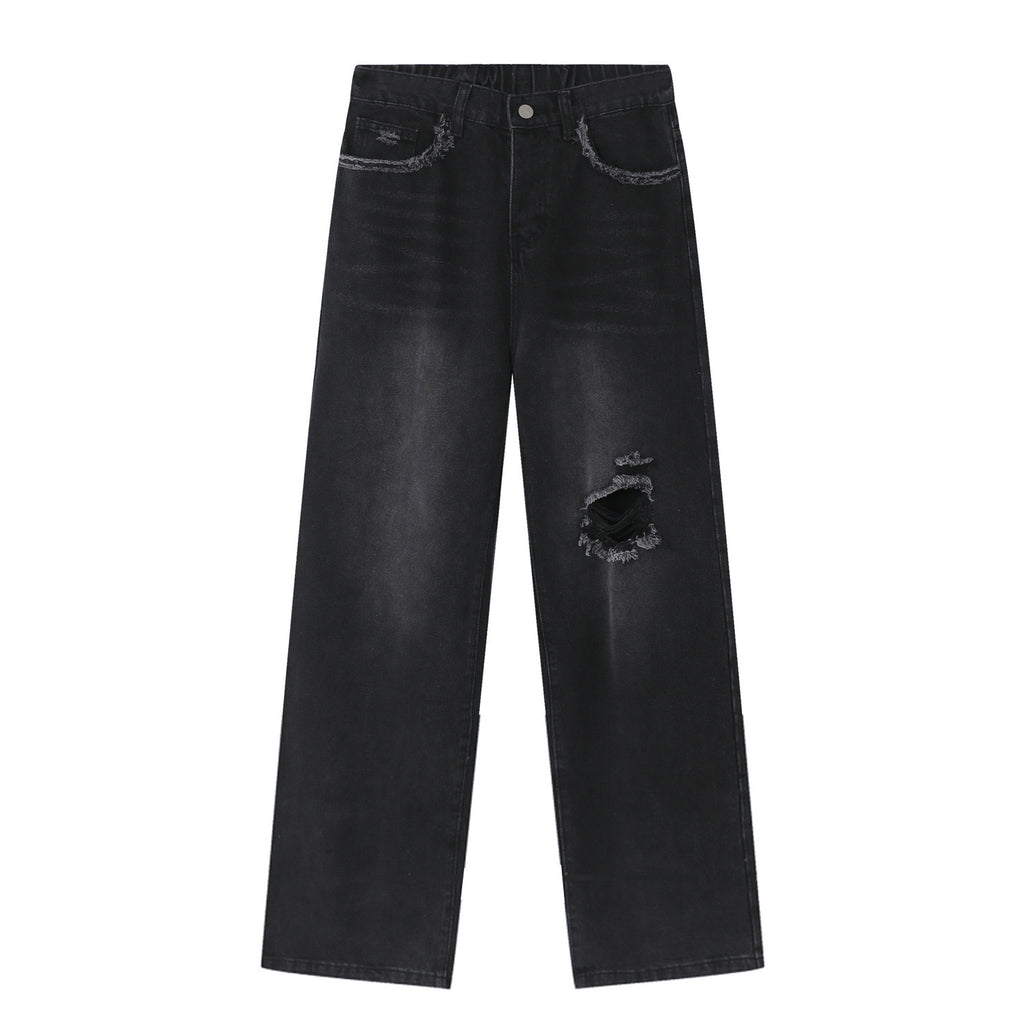 P0010 Straight American Trend Destroyed Denim Trousers