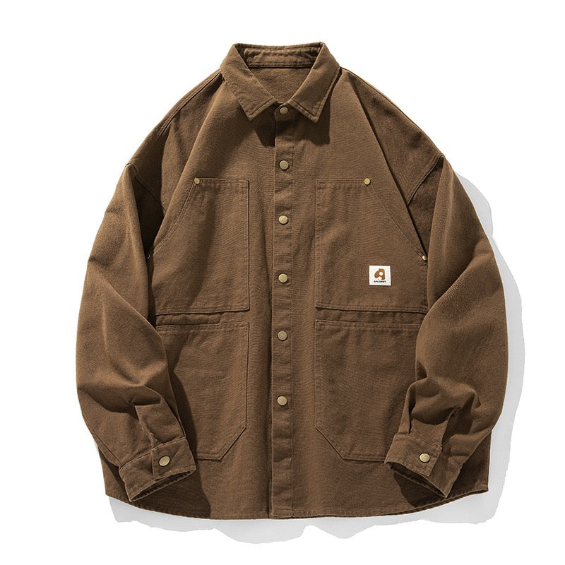 S0026 American Style Loose Cargo Long Sleeve Shirt Available: Brown Black White