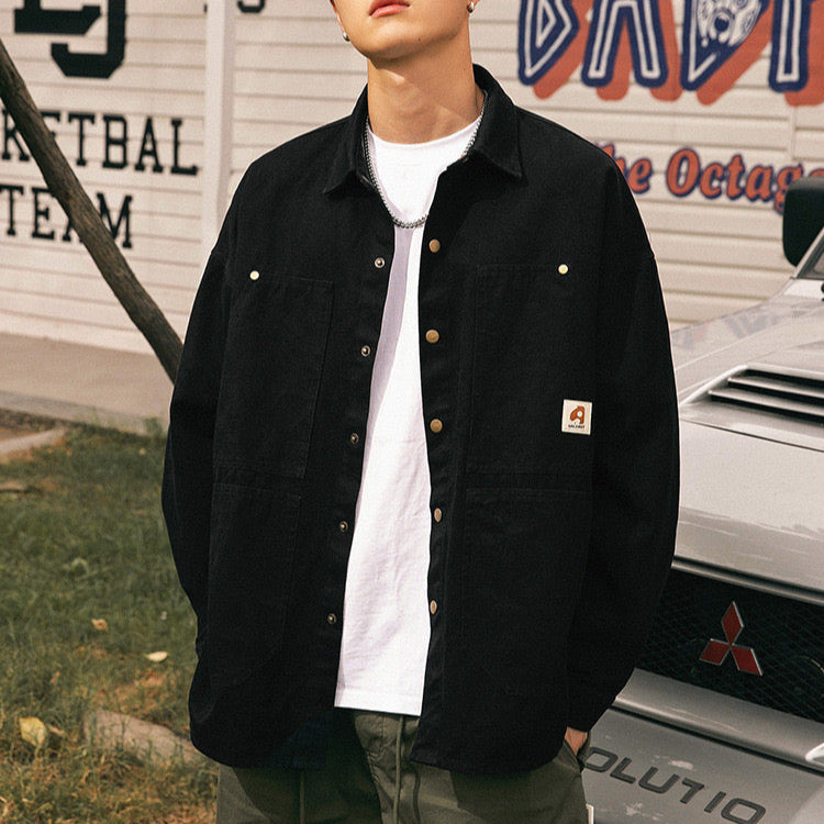 S0026 American Style Loose Cargo Long Sleeve Shirt Available: Brown Black White