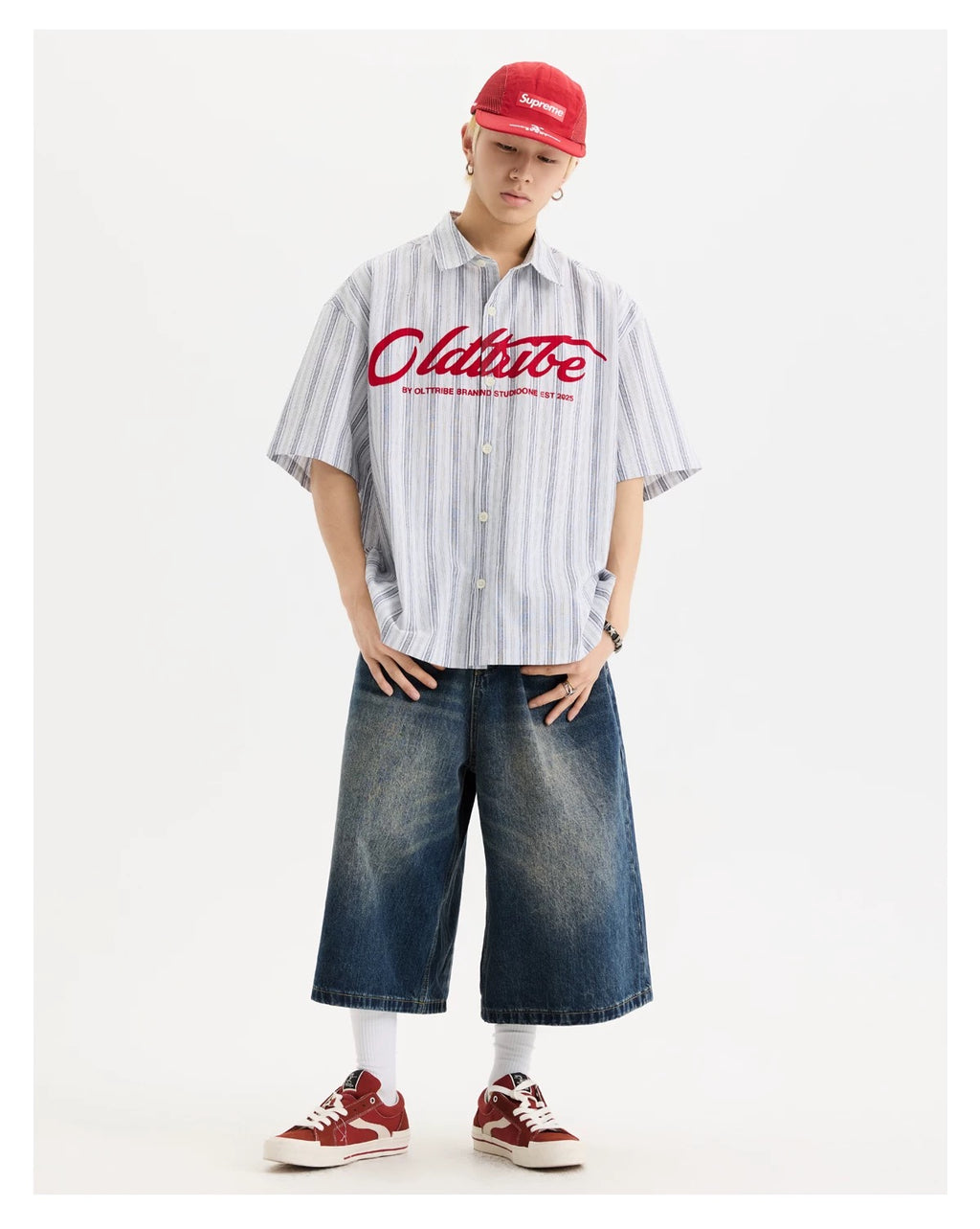 S0310 American retro letter print vertical stripes short-sleeved shirt