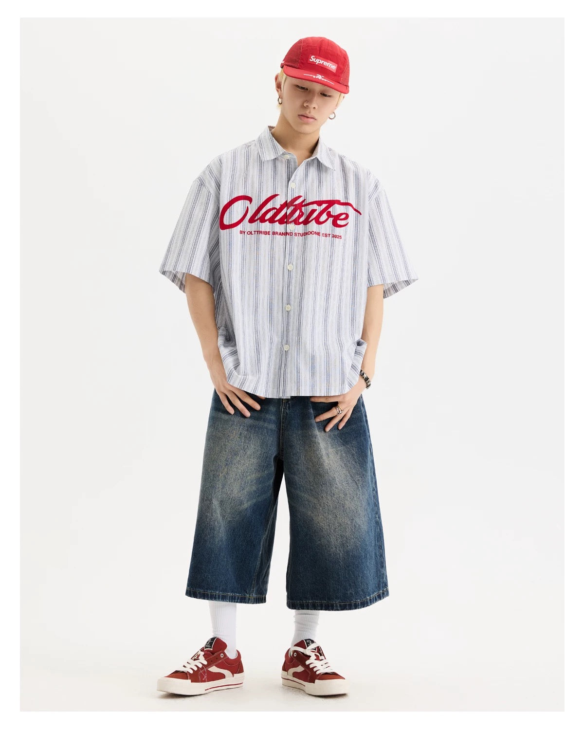 S0310 American retro letter print vertical stripes short-sleeved shirt