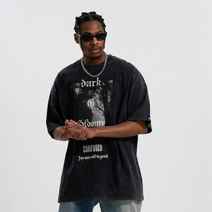 S0045 American Vintage Oversize Scenic Gothic Print T-Shirt