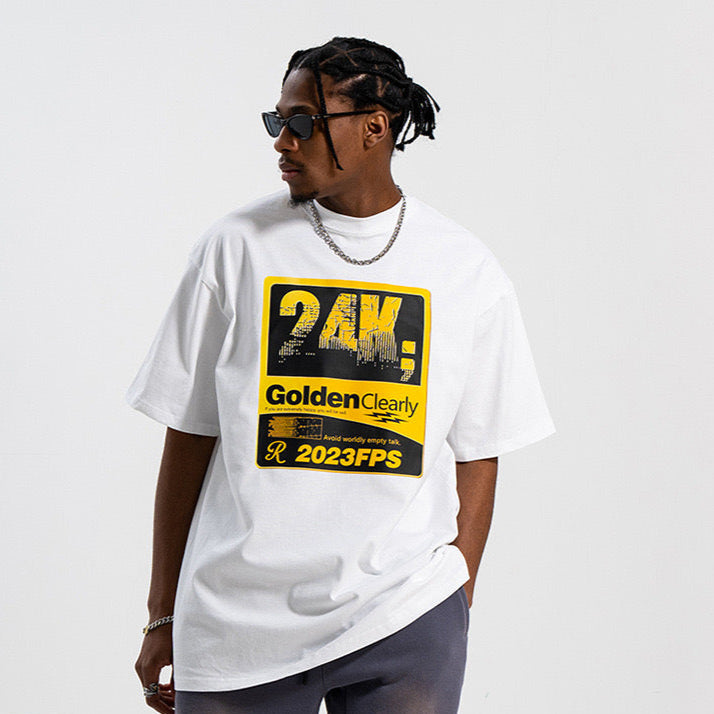 S0077 American Retro Gold Retro Print Double Yarn Heavy Drop Shoulder Loose T-Shirt