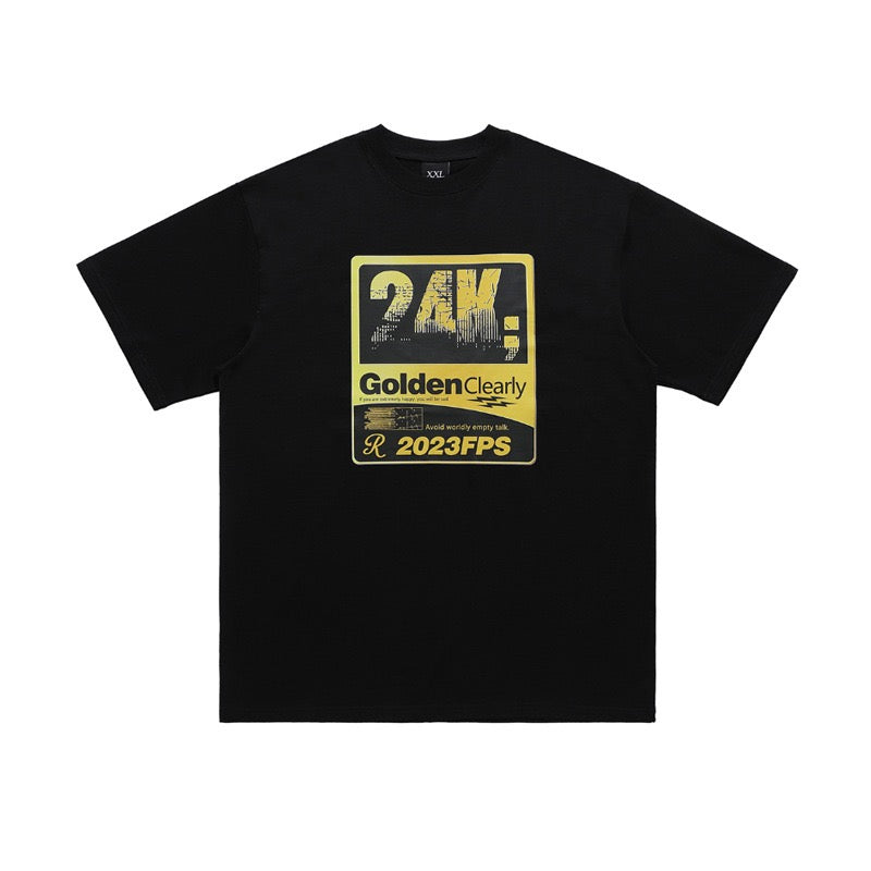 S0077 American Retro Gold Retro Print Double Yarn Heavy Drop Shoulder Loose T-Shirt