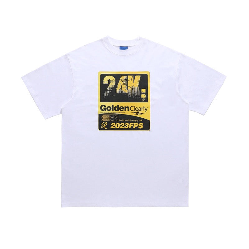 S0077 American Retro Gold Retro Print Double Yarn Heavy Drop Shoulder Loose T-Shirt