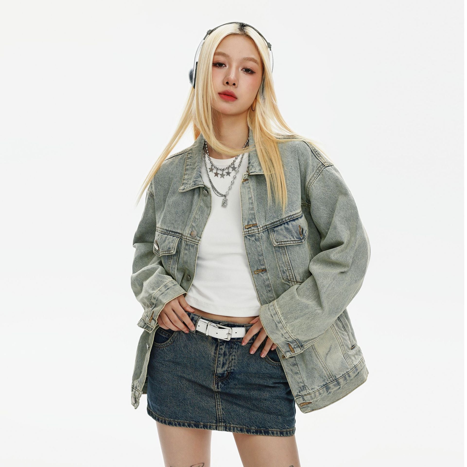 S0146 American retro distressed loose trendy denim jacket UNISEX