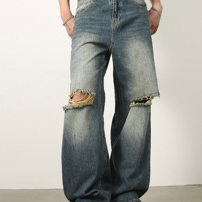 P0077 American retro versatile ripped wide-leg denim trousers