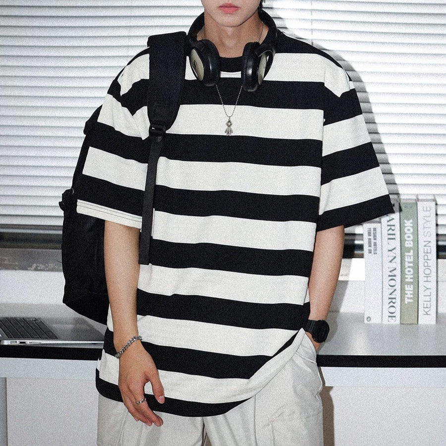 S0161 Japanese retro striped design loose short-sleeved T-shirt