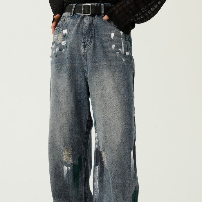 P0080 American style ripped graffiti design loose wide leg jeans