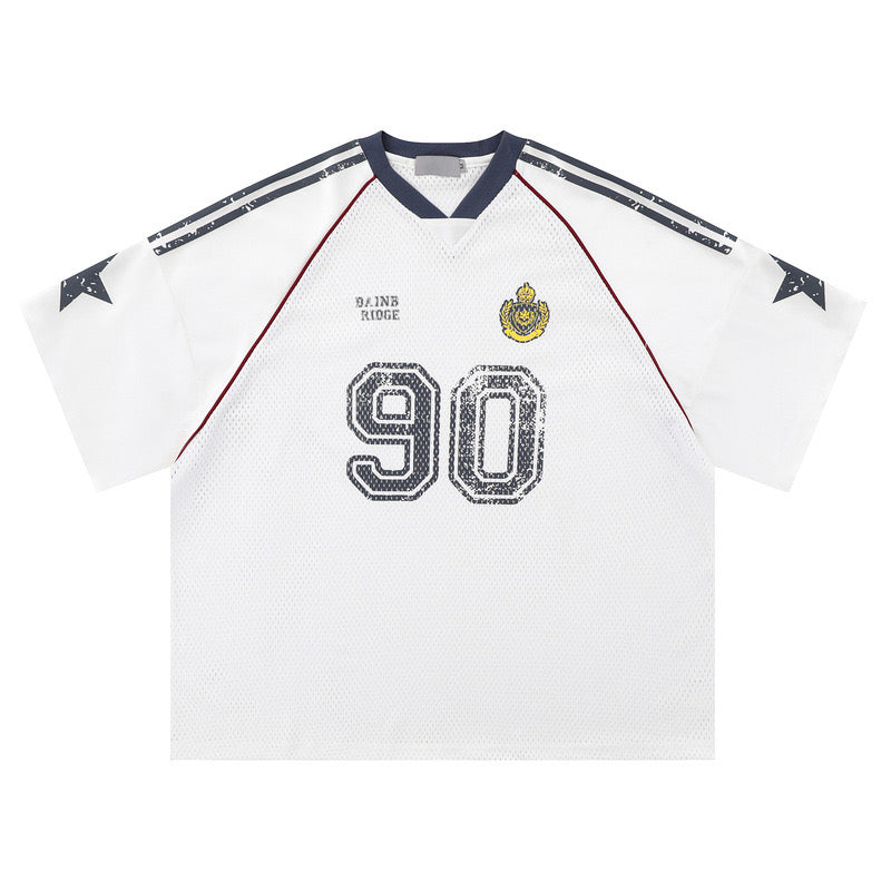 S0163 American retro mesh graffiti star print jersey style loose T-shirt