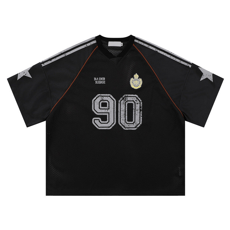 S0163 American retro mesh graffiti star print jersey style loose T-shirt