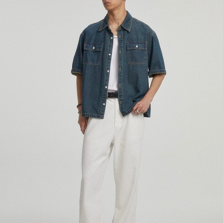 S0164 American retro heavyweight multi-pocket loose denim short-sleeved shirt