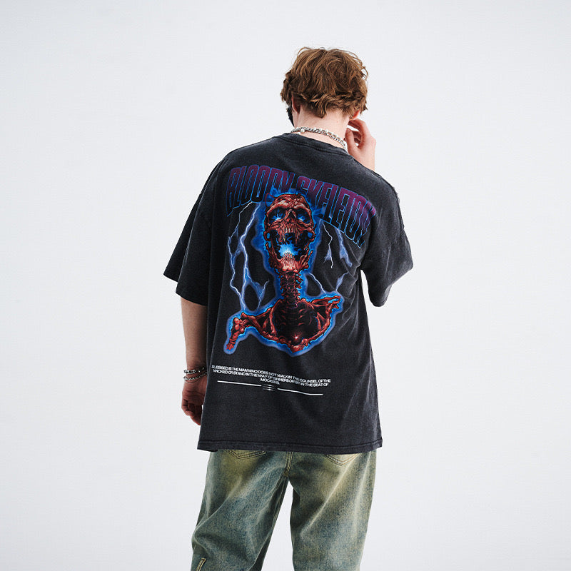 S0167 American retro spoof print loose gray T-shirt Available: Black