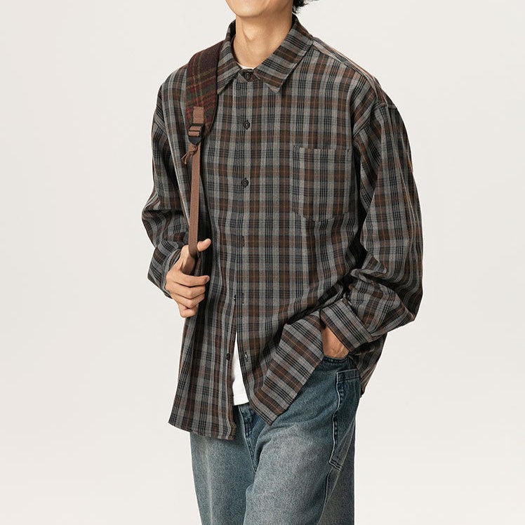 S0182 Japanese Vintage cityboy oversize casual plaid long-sleeved shirt