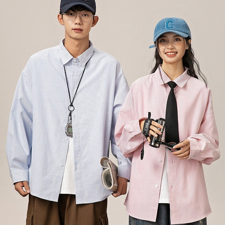 S0190 Japanese Style Vintage Line Design Oversized Long-sleeve Shirt