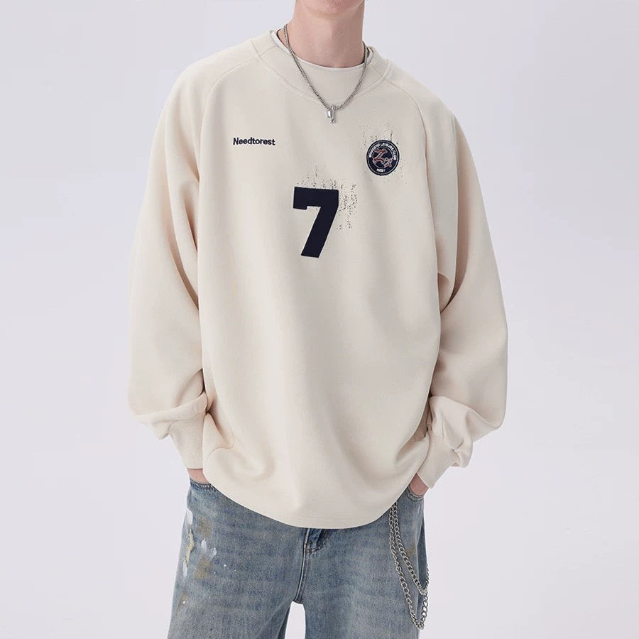 S0192 American Style Vintage No 7 Print oversized Long- Sleeve sweatshirt