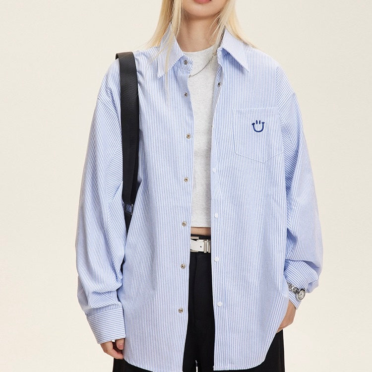 S0194 American Style Vintage Sime Design oversized Long- Sleeve Line Shirt