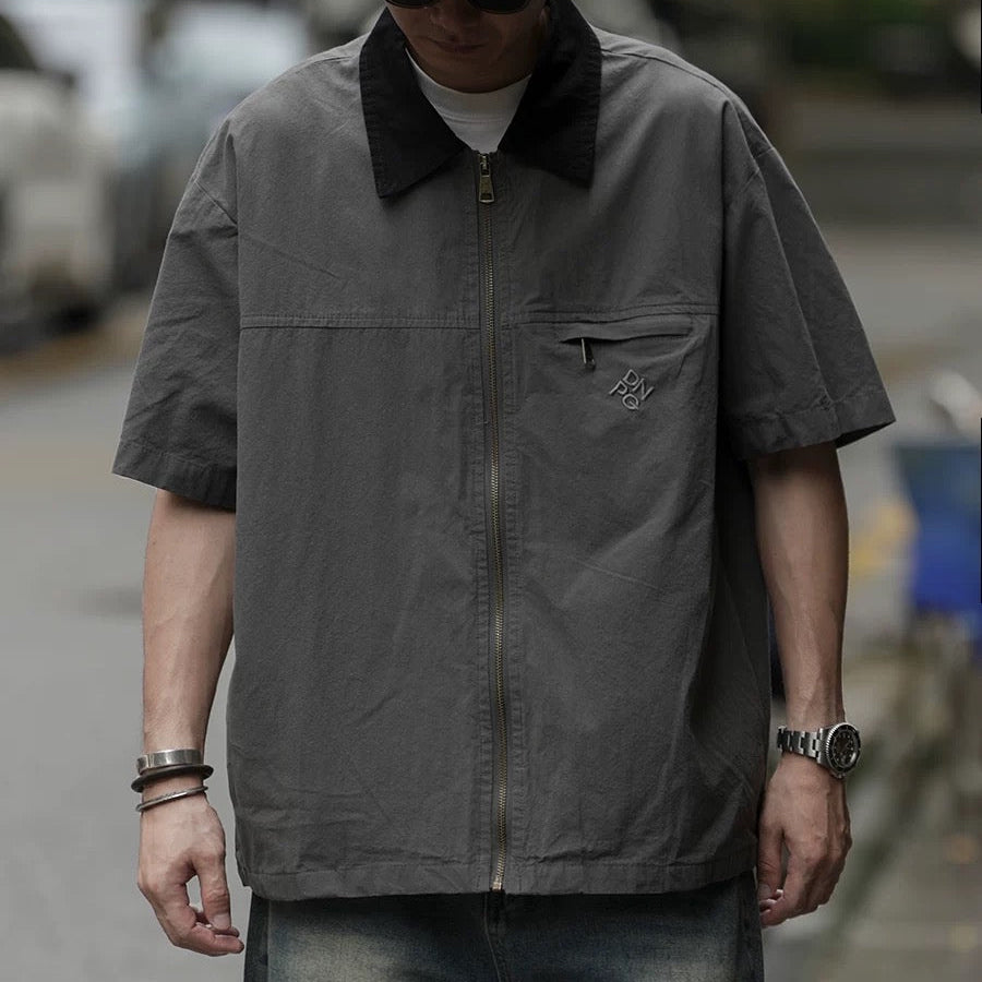 S0210 Japanese style Vintage contrast collar pocket decorated short-sleeved shirt