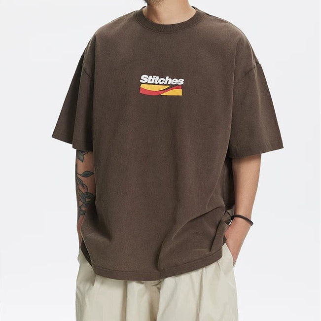 S0217 Japanese retro 320g heavy foam color printed washed round neck T-shirt