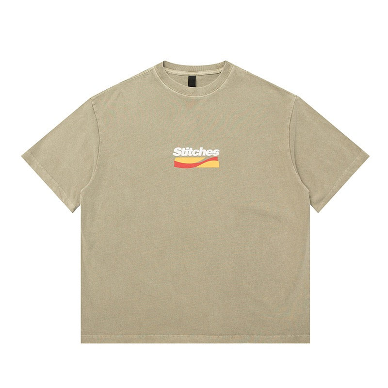 S0217 Japanese retro 320g heavy foam color printed washed round neck T-shirt