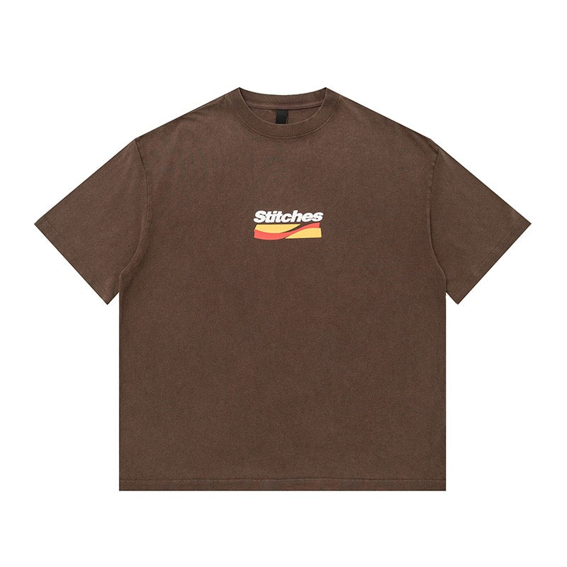 S0217 Japanese retro 320g heavy foam color printed washed round neck T-shirt