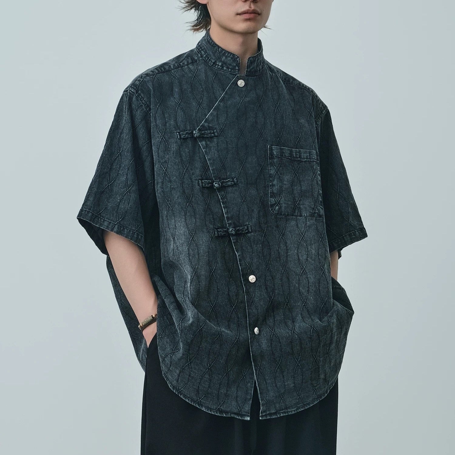 S0220 New Chinese style cloth diagonal button retro disc button stand collar loose denim short-sleeved shirt