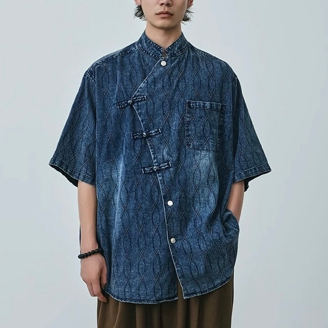 S0220 New Chinese style cloth diagonal button retro disc button stand collar loose denim short-sleeved shirt