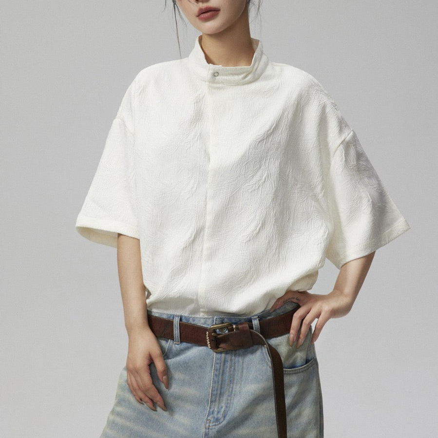 S0228 New Chinese style stand collar embroidered oversize short sleeve shirt