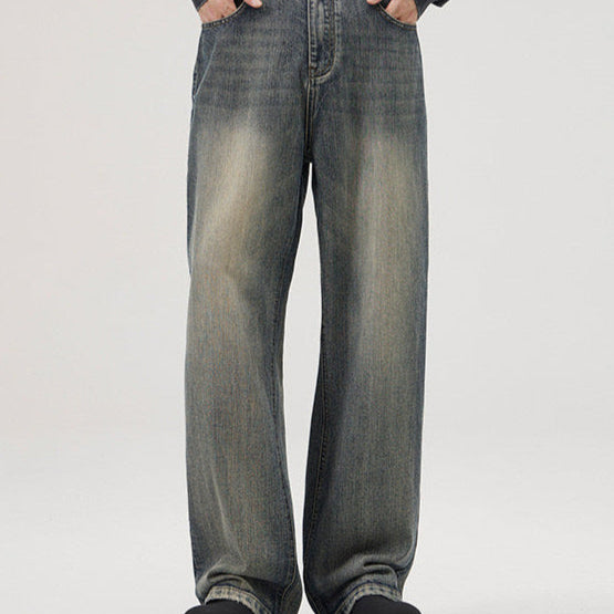 P0114 American Retro Loose Straight Heavy Duty Washed Slub Jeans