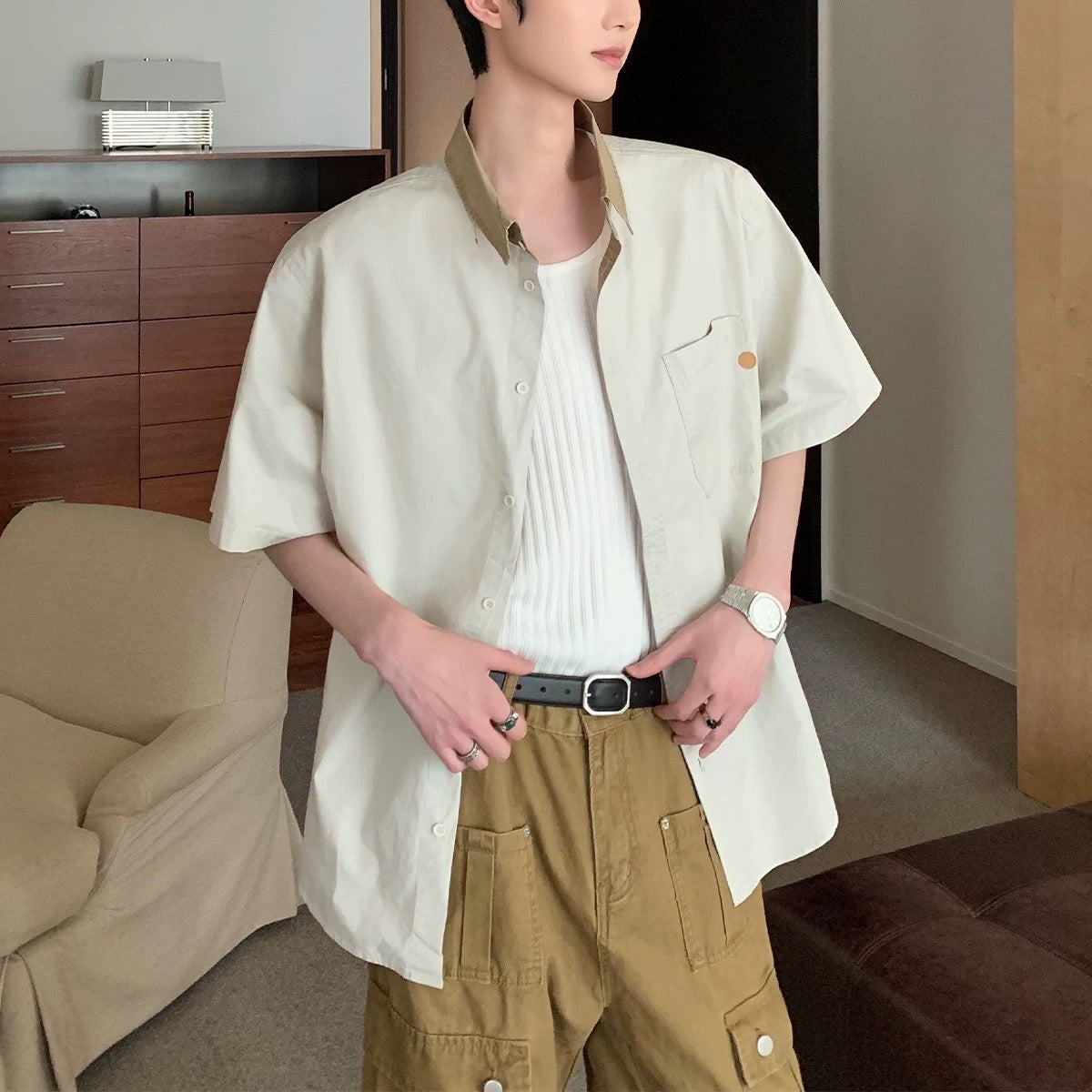 S0318 Japanese Retro Gender-neutral Style Contrast Pocket Lapel Shirt