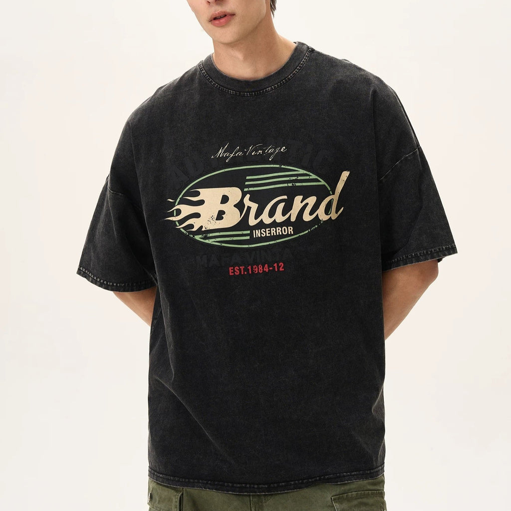 S0317 American retro washed distressed short-sleeved T-shirt
