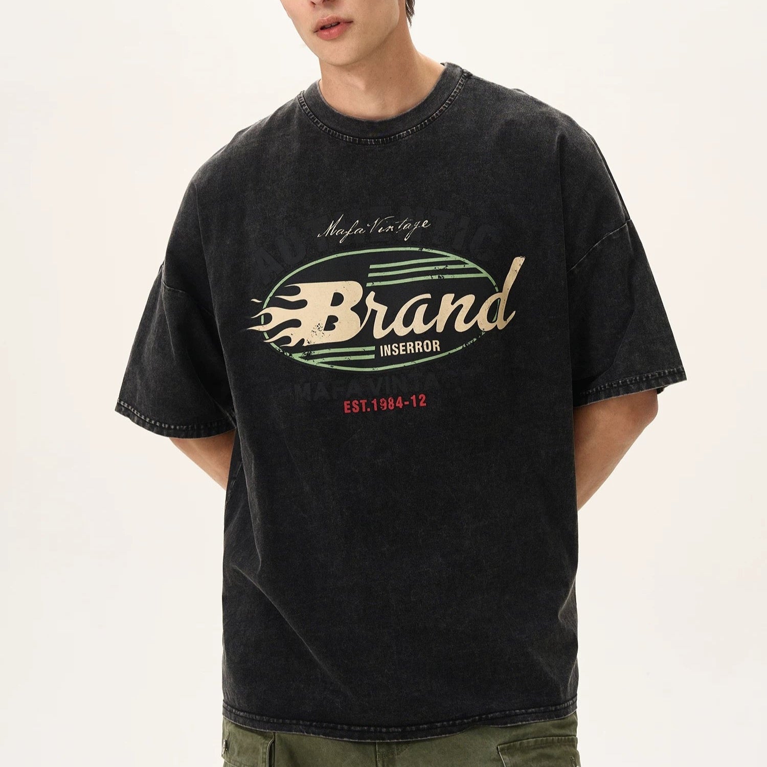 S0317 American retro washed distressed short-sleeved T-shirt