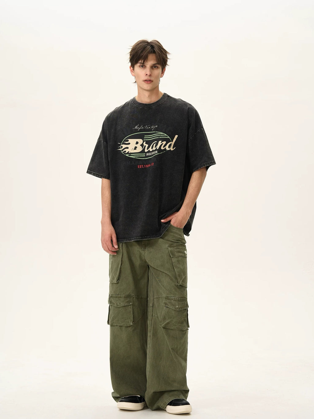 S0317 American retro washed distressed short-sleeved T-shirt