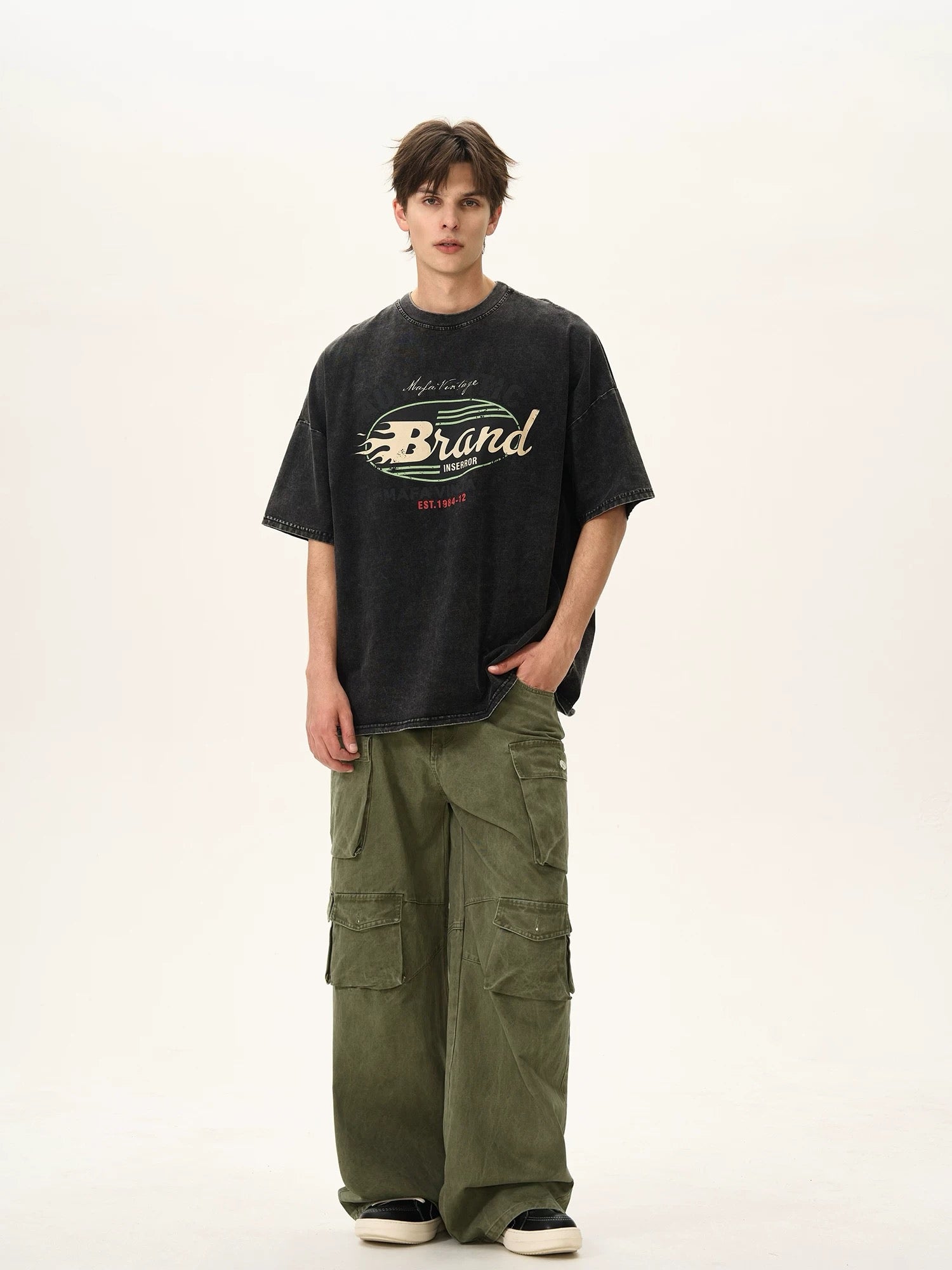 S0317 American retro washed distressed short-sleeved T-shirt