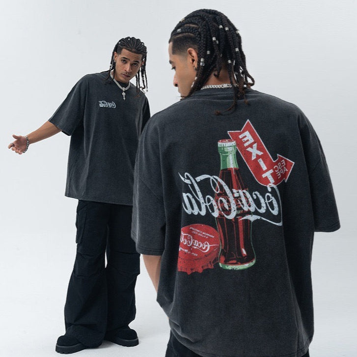 S0233 American retro Coca-Cola washed grey printed loose T-shirt